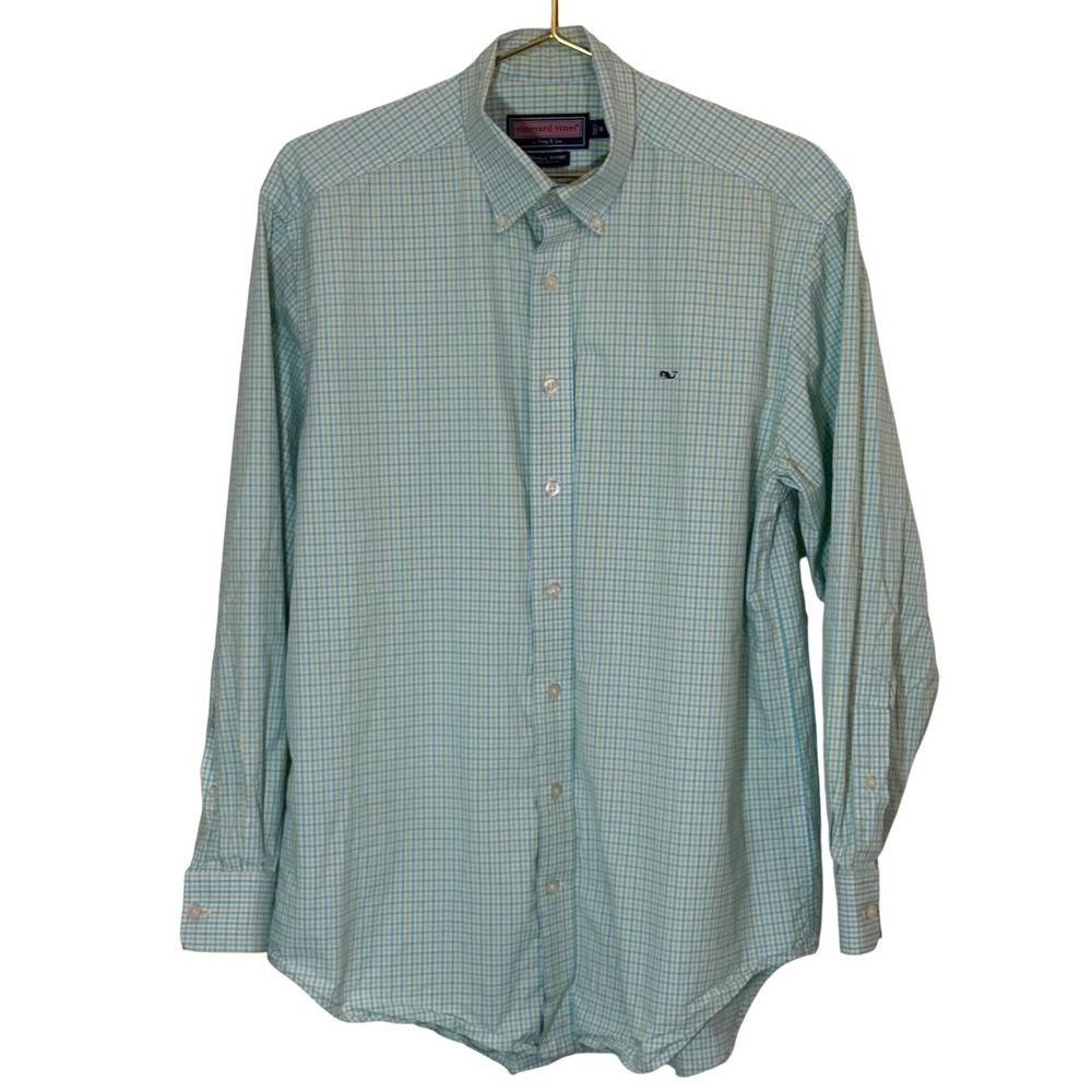Vineyard Vines Whale Shirt Mens M Blue Green Gingham Check Button Down Cotton
